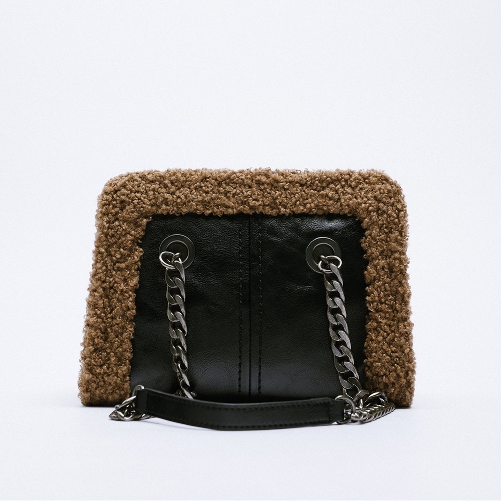 Zara Fleece Shoulder Bag - brown/black silver hardware